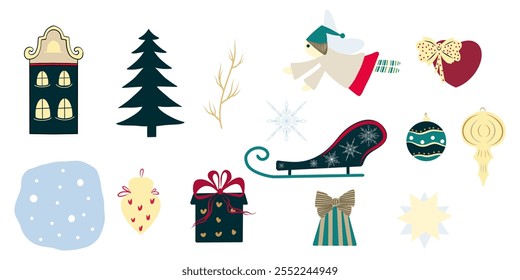 Christmas Clipart, Angel, Building, Christmas tree, Christmas Ball Toys, Twigs, Sleigh