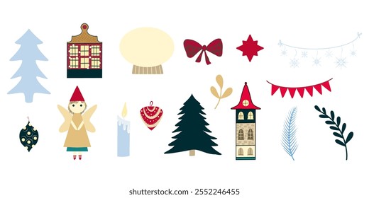 Christmas Clipart, Angel, Building, Christmas tree, Christmas Ball Toys, Christmas Globe, Tied Bow, Snowflake, Candles