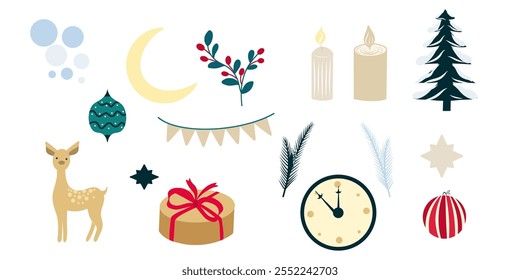 Christmas Clipart, Candles, Gift Box, Deer, Christmas tree, Christmas Ball Toys, Clock, Berry
