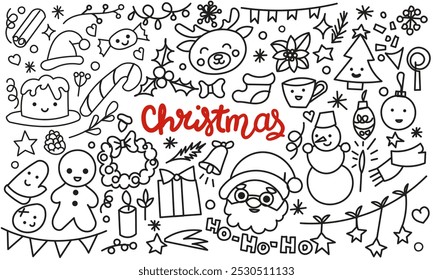 Christmas clipart collection. Christmas design elements in outline doodle style. Large set for Christmas, new year and celebrations. Hand drawn icons isolate on white.
