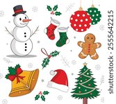 Christmas Clipart Collection: Snowman, Tree, Gingerbread, Ornaments, christmas bell and Holiday Elements, Christmas-Themed Illustration Pack: Holiday Bells, Santa Hat, Tree Decorations