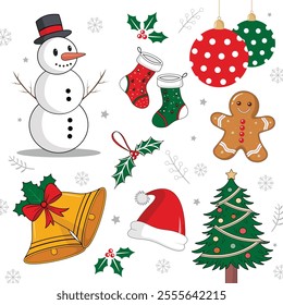 Christmas Clipart Collection: Snowman, Tree, Gingerbread, Ornaments, christmas bell and Holiday Elements, Christmas-Themed Illustration Pack: Holiday Bells, Santa Hat, Tree Decorations