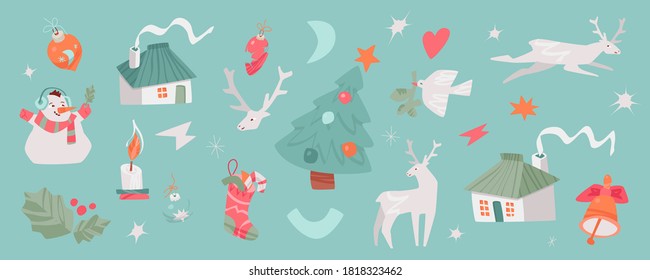 Christmas clipart in contemporary style. Vector hand-drawn illustration concept. Christmas tree, dove with branch, funny snowman, reindeer, snowy houses, bell and candle.