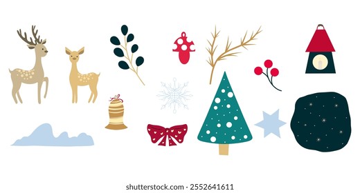 Christmas Clipart, Lantern, Berries, Deer, Christmas tree, Christmas Ball Toys, Snowflake, Christmas Snow Globe