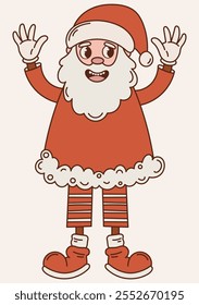 Christmas clipart of Santa in retro groovy style. Trendy colors cartoon design. Vector illustration for cards, stickers, web and social media graphics