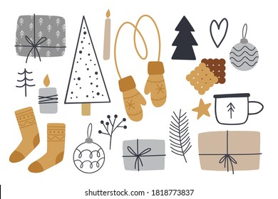 Christmas Clipart Set. Cozy Winter Illustration For Srickers, Logo, Cards, Posters, Wrapping, Scrapbooking, Patterns. Hygge Home Stickers Set In Flat Style.