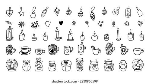 Christmas clipart set with cups, candles, tree toys, jars, snowball. Hand drawn doodle vector 