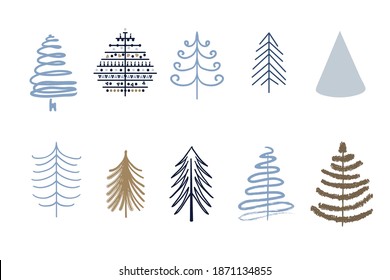 Clipart navideña ambientada con árboles graciosos en un diseño sencillo y moderno. Las vacaciones lindas y aisladas objetos en colores suaves son perfectas para la reserva de recortes, tarjetas de felicitación, decoración de regalo