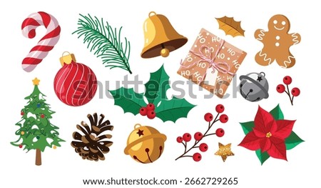 Christmas Clipart Set with Holiday Elements Like Christmas Tree, Bells, Candy Cane, Pine Branch, Gift Box, Spruce and Poinsettia Isolated in White Background Vector illustration.
