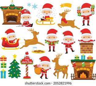 Christmas clipart set with Santa Claus in various poses, reindeer, Christmas tree, sled and other holiday symbols.