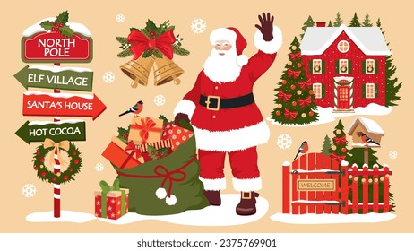 Christmas clipart set with Santa Claus. A road sign, Santa with a gift bag, a red house, bells, a decorated Christmas tree, bullfinches on a birdhouse. Illustrated vector clipart.