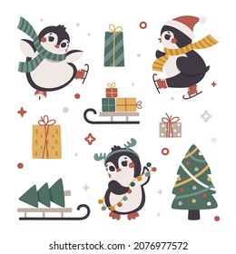 Christmas clipart set with skating Penguins, gifts, christmas tree, sledge, stars, scarf
