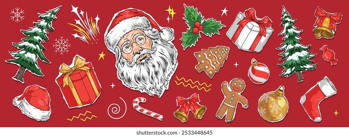 Christmas clipart set stickers colorful Santa face near New Year fir decorations and sweets on holiday collage vector illustration