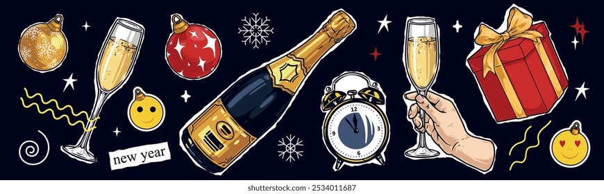 Christmas clipart set stickers colorful collage New Year elements and clock near wineglass with champagne and glass balls vector illustration