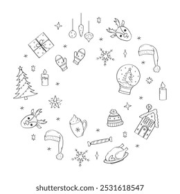 Christmas clipart set. Vector illustration of doodle icons. Hand drawn design elements for New year and Christmas.