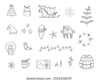 Christmas clipart set. Vector illustration of doodle icons. Hand drawn design elements for New year and Christmas.