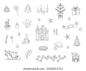 Christmas clipart set. Vector illustration of doodle icons. Hand drawn design elements for New year and Christmas.