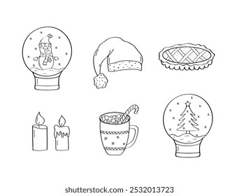 Conjunto de Clipart de Navidades. Ilustración vectorial de iconos de doodle. Velas de Elementos de diseño dibujadas a mano, chocolate caliente, pastel, sombrero y bolas de vidrio.