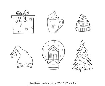 Christmas clipart set. Vector illustration of doodle icons. Hand drawn design elements fir tree, hat, gift box, hot chocolate and glass ball.