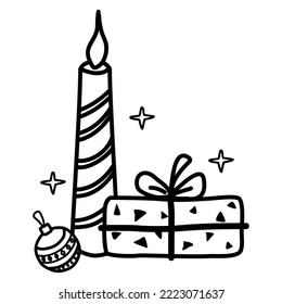 Christmas clipart. Simple doodle illustration in black color isolated on white background. Burning candle, gift box, xmas toy, ball, stars. Design element for holiday postcard decoration. Vector