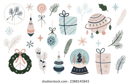 Christmas clipart with Christmas tree toys, gift, planet, snowflakes, stars, branches and other. Merry Christmas clipart in cartoon flat style.