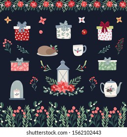 Christmas clipart vector illustration collection for posters, cards, banners, flyer, cover, stationery,decoration. Set  of hand drawn scandinavian style florals and objects for christmas products