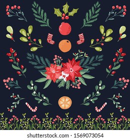 Christmas clipart vector illustration collection for posters, cards, banners, flyer, cover, stationery,decoration. Set  of hand drawn scandinavian style florals and objects for christmas products