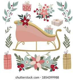 Christmas clipart vector illustration collection for posters, cards, banners, flyer, cover, stationery,decoration. Set  of hand drawn scandinavian style florals and objects for christmas products