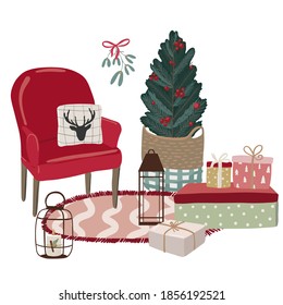 Christmas clipart vector illustration collection for posters, cards, banners, flyer, cover, stationery,decoration.Christmas scene with armchair, christmas tree, gifts, mistletoe, lantern