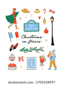 Christmas clipart vector set. Cute Christmas illustrations. Winter in Paris graphics