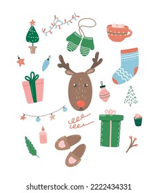 Christmas clipart. Vector set of New Year elements for stickers, postcards, packaging, decor.

