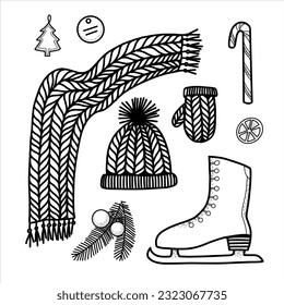 Christmas clipart. Vintage knitted skarf, hat, mittens, ice skates, winter, Santa, retro deco, candy stick. Stock illustration. Vector, line art.
