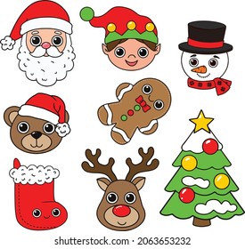 Christmas cliparts , hanging socks , elf, snow man, Gingerbread , santa claus bear elf cute new year tree. red nose deer for kids toddlers vector