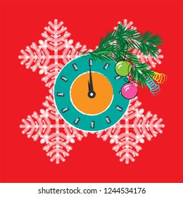 Christmas clock with a decorated spruce branch on a red background. Vector illustration