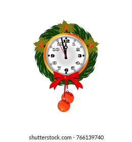 Christmas clock with decoration, Vector illustration.
