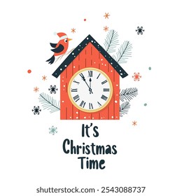 Christmas Clock with Festive Bird Illustration for Christmas-themed designs and holiday greetings.