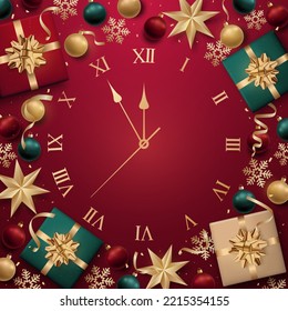 Christmas clock framed with realistic baubles, snowflakes, gifts and serpentine. Old clock Countdown with roman numbers. Greeting vector card, banner, poster.