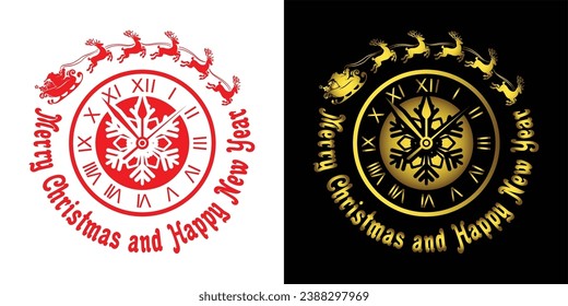 Christmas Clock with greetings from Santa Claus. Vector Santa sleigh, retro clock with lettering Merry Christmas and Happy New Year on transparent and dark background