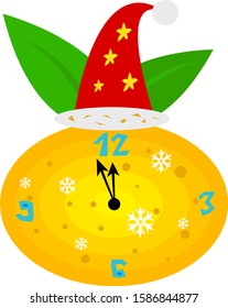 Christmas clock mandarin with Santa hat and patterns of snowflakes concept of winter holidays and Christmas object on a white background