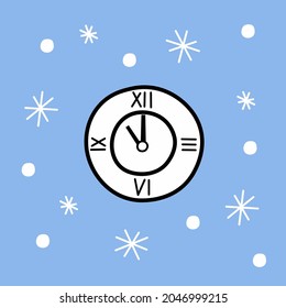 Christmas clock on a blue square background vector color illustration. new year holiday. time