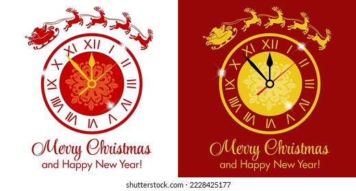 Christmas clock with Santa Claus. Vector template of cover design for your greetings card, calendar, invitation, brochure, poster on transparent and red background