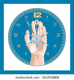Christmas clock with a snowflake in the palm of your hand. in a flat cartoon style. Vector
