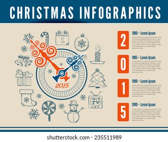 Christmas clock. Vector infographics with drawing background