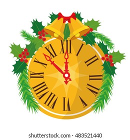 Christmas clock with Christmas wreath and bells. Vector illustration of New Year icon isolated on white background.