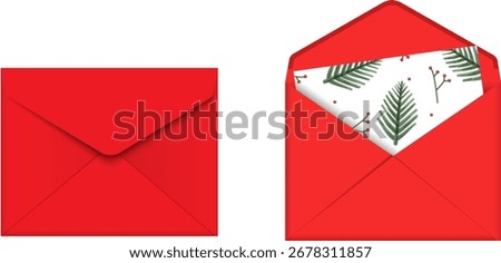 Christmas closed and open red envelope and card with christmas watercolor pattern. New Year postage template, vector set