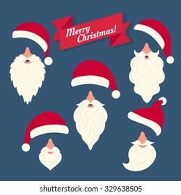 Christmas clothes collection of different Santas hats with nose and funny white beards. Christmas elements in flat style for the celebrating mask on the face