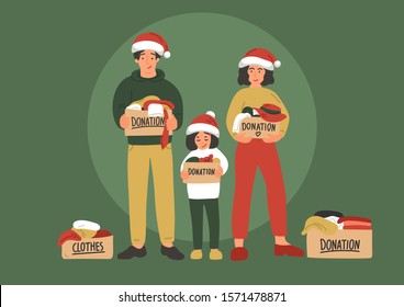 Christmas clothes donation. Cute hand drawn family in Christmas hats holding donation boxes. Vector illustration.