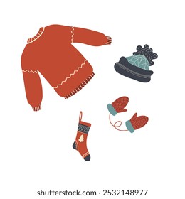 Christmas Clothes Illustrations with Christmas Geometric Prints. Jumper, Sock, Mittens, Hat in Flat Style on white background. Vector