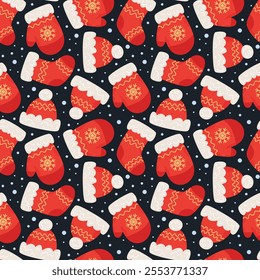 Christmas clothes seamless pattern on dark background. Holiday traditional fashion: red socks. hats and mittens. Flat vector illustration