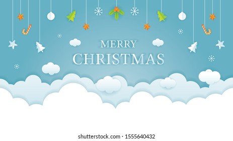 Christmas Cloud Background with Hanging Decorations, Merry Christmas and Happy New Year